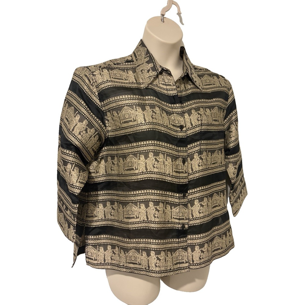 Vtg Chicos Design Silk Bld Tapestry Shirt~L~Black Stripe Egyptian Scene Artsy